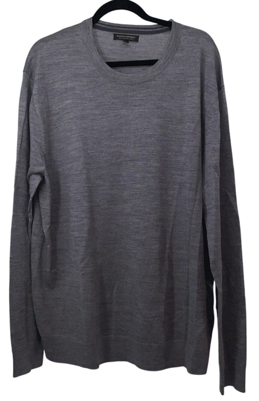 Banana Republic Mens Extra Fine Merino Wool Crewneck Sweater Gray XXL Preppy